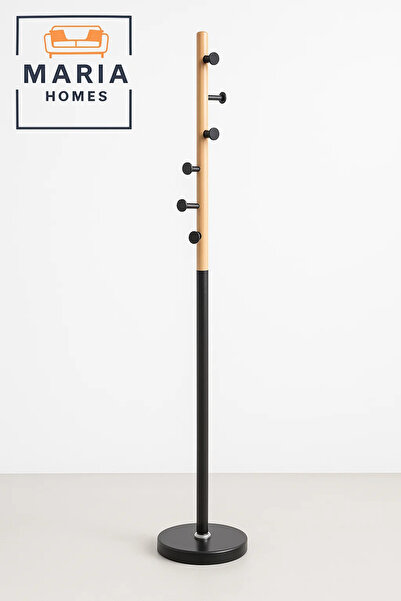 MARIA HOMES شماعة معاطف عصرية مصنوعة من الخشب والمعدن الأسود مع خطافات جانبية