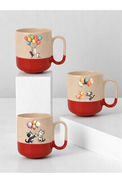 lili hediyelik Balloon Cats Printed 3-Piece Red Base Ceramic Mug Cup Gift Coffee Mug