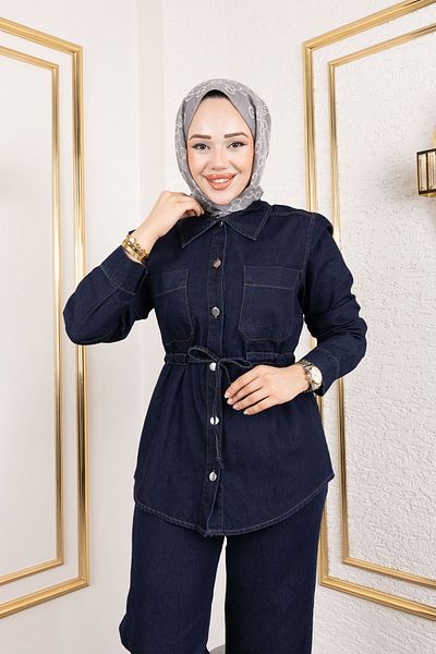 Tesettür Dünyası Drawstring Waist Denim Suit Tsd250186 Dark Blue