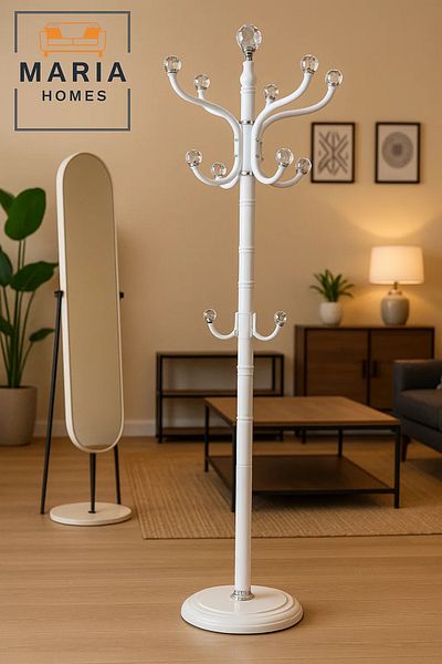 MARIA HOMES Freestanding White Metal Coat Rack with Multiple Chrome Hooks