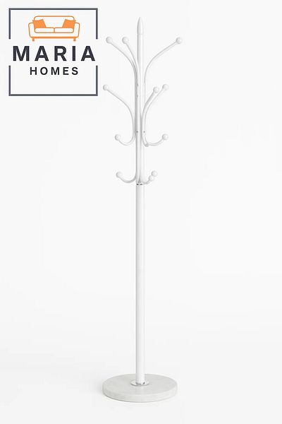 MARIA HOMES White Metal Coat Rack with Curved Arms and Marble-Look Base