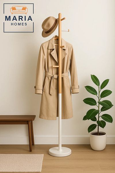 MARIA HOMES Minimalist Wood and Metal Coat Rack with Side Peg Hooks