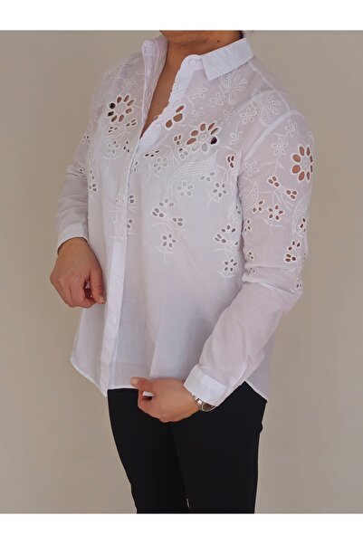 GüneşIşığı Kadın Beyaz %100 Pamuk İnce Fisto Gömlek