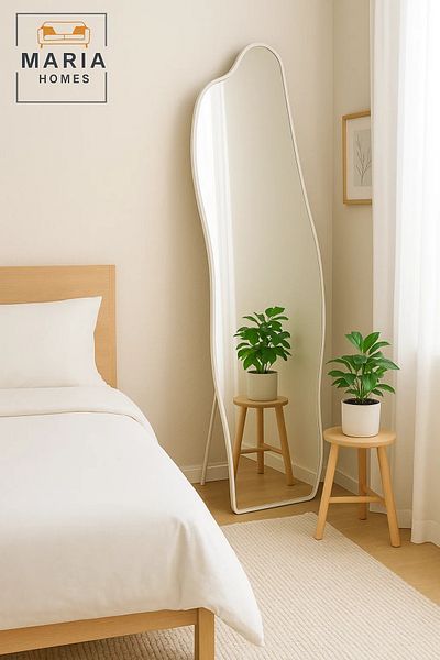 MARIA HOMES Wavy Full-Length Standing Mirror in White Frame – 170x58 cm Modern Design