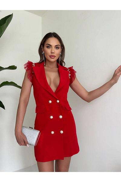 1Moda1Tarz Women's Imported Fabric Buttoned Sleeve Tulle and Accessory Detailed Lined Special Design Dress