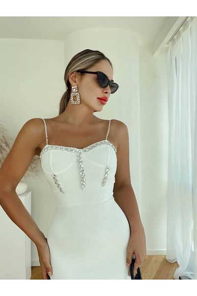 1Moda1Tarz Γυναικείο Εισαγόμενο Ύφασμα Πέτρα Κεντημένο Λουράκι Λεπτομερές Φόδρα Φόρεμα Ειδικού Σχεδιασμού