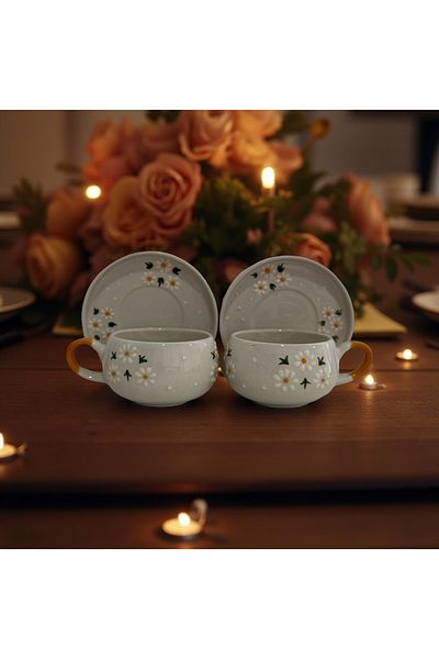 Çiporcal Beren Chamomile Triangle Set of 2 Plates Mug Set Hand Decor