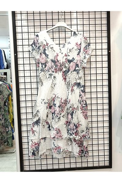 Butik Şans Rose Pattern Short Sleeve V-Neck Italian Cotton Dress