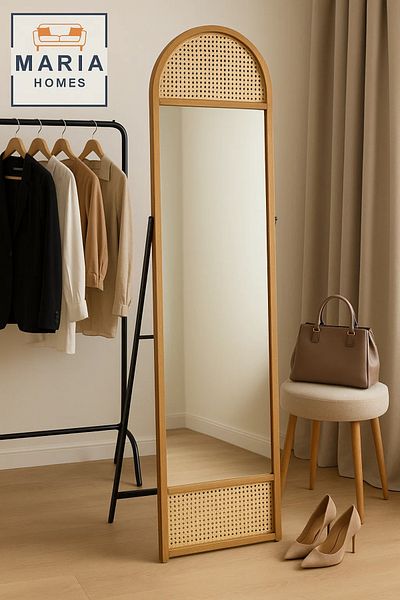 MARIA HOMES Arched Rattan Full-Length Standing Mirror Natural Wood Frame Mirror for Bedroom & Dressing Area