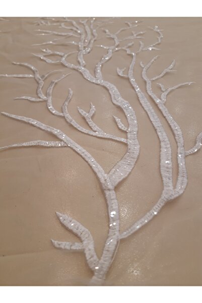 Safir Kumaş Beyaz Tül Üzerine Pul ve Nakış İşlenmiş Dal Desenli Dantel 3 Metr...