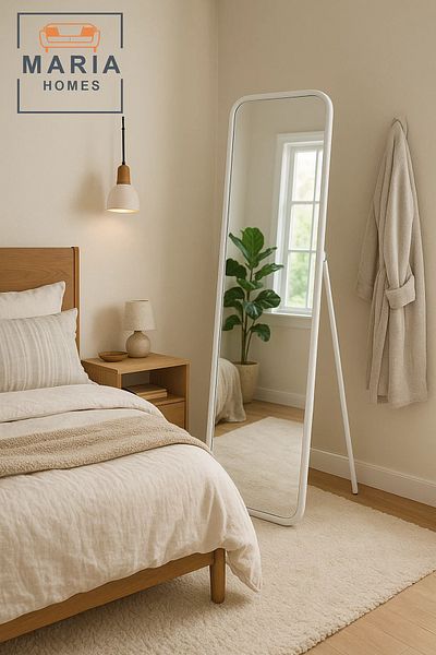 MARIA HOMES White Standing Full-Length Mirror with Rounded Frame Minimalist Design for Bedroom or Dressing Room
