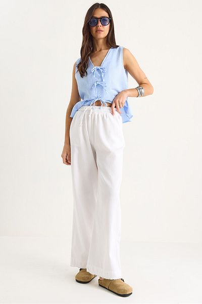 Bianco Lucci Women's Elastic Waist Leg Detailed Palazzo Mold Cotton Gabardine Summer Trousers 60283323