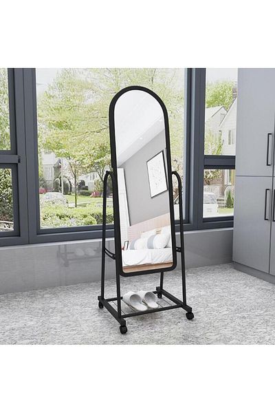MARIA HOMES Black Full-Length Mirror with Wheels and Storage Shelf – Freestanding Metal Dressing Mirror Stand
