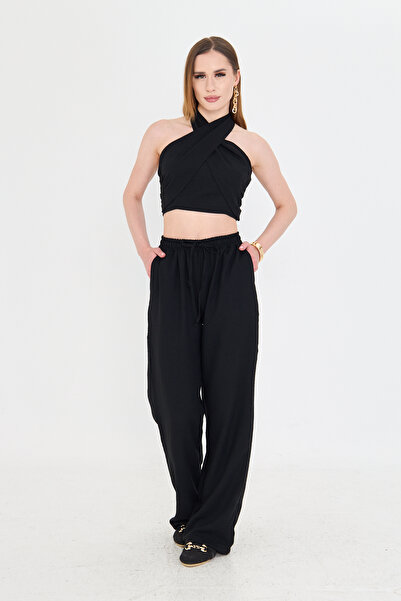 AS Anita Store Black Halter Crop Raw Linen Bottom Top Set