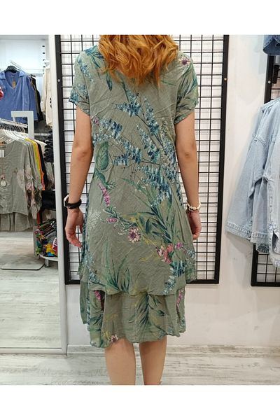Butik Şans Floral Print Short Sleeve V Neck Italian Cotton Dress