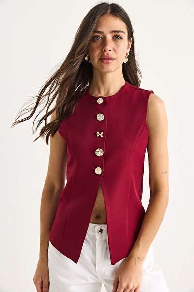 Bianco Lucci Women's Regular Bisilet Collar Gold Button Detailed Lined Woven Vest 9005 60283150