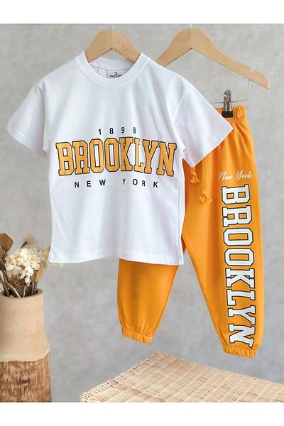 KidsSel New Season Boy's Cotton Orange Brooklyn Written Tshirt Shorts Bottom Top Set