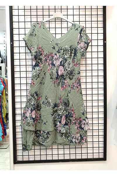 Butik Şans Rose Pattern Short Sleeve V-Neck Italian Cotton Dress