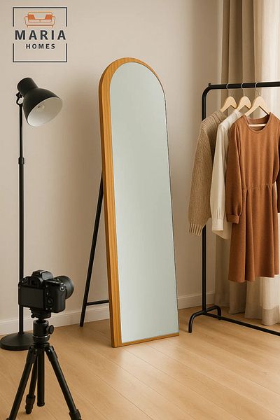 MARIA HOMES Modern Arched Standing Mirror in Walnut Finish – 160x60 cm Full-Length Dressing Mirror