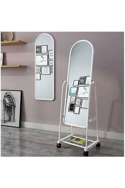 MARIA HOMES Full-Length White Mirror with Wheels and Storage Rack Standing Dressing Mirror for Bedroom