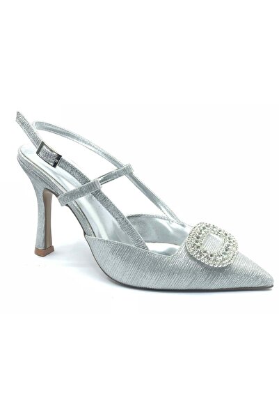 KCMN Feles Stone Buckle Detailed Open Back Stiletto Women's Heeled Shoes Silver