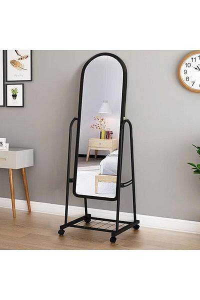 MARIA HOMES Full-Length Standing Mirror with Wheels and Storage Rack Black Metal Frame for Bedroom & Entryway