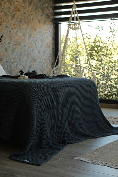 Tasarım HB&Victory Waffle 4 Katlı %100 Pamuk Preium Yatak Örtüsü Lacivert Tek Kişilik 160x240 cm