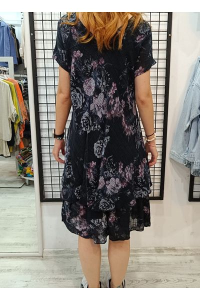 Butik Şans Rose Pattern Short Sleeve V-Neck Italian Cotton Dress