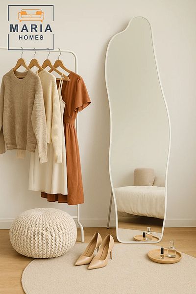 MARIA HOMES Wavy Full-Length Standing Mirror in White Frame – 170x58 cm Modern Design