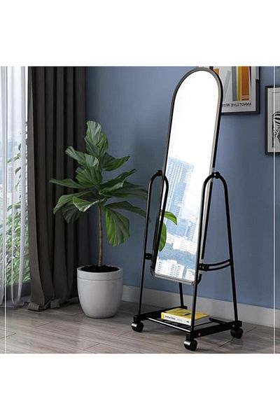 MARIA HOMES Full-Length Standing Mirror with Wheels and Storage Rack Black Metal Frame for Bedroom & Entryway