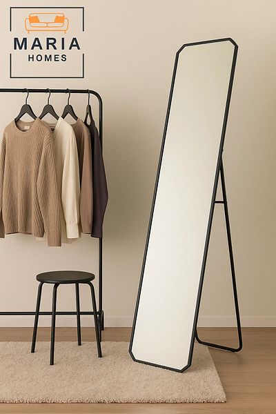MARIA HOMES Black Full-Length Dressing Mirror with Angled Corners – 160x40cm Standing Floor Mirror for Bedroom