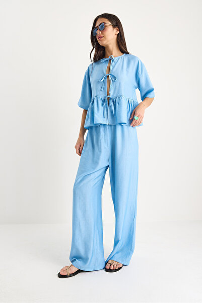 Bianco Lucci Women's Lacing Detailed Short Sleeve Blouse Pants Bottom-Top Suit 9265 60281014