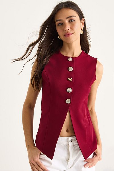 Bianco Lucci Women's Regular Bisilet Collar Gold Button Detailed Lined Woven Vest 9005 60283150