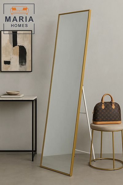 MARIA HOMES Modern Golden Framed Standing Mirror – 155x44 cm Full-Length Floor Mirror