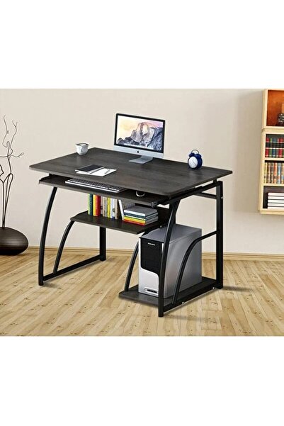 Un طاولة كمبيوتر عملية بتصميم أنيق ورفوف تخزين ذكية