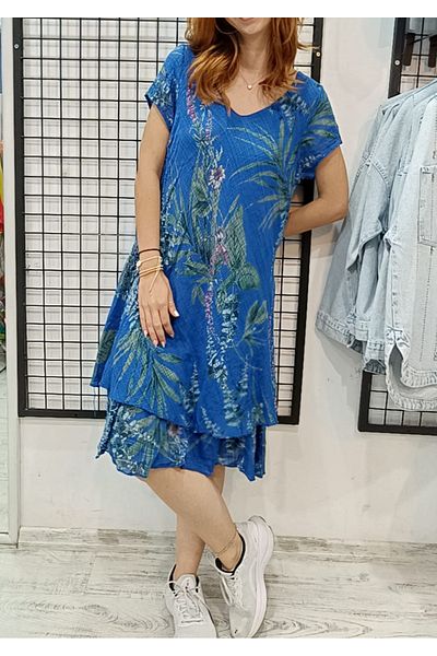 Butik Şans Floral Print Short Sleeve V Neck Italian Cotton Dress
