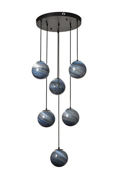 Avizemoda Galaksi 6 lı Gökyüzü Desen Camlı Salon Oturma Odası Modern Sarkıt Avize - (Siyah Kasa)