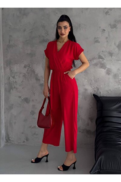 Bella Breeze Kadın Kruvaze Yaka Aerobin Kumaş Kuşaklı Kısa Kollu Şık Tulum