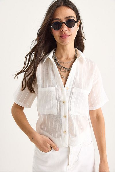 Bianco Lucci Women's Self Striped Double Pocket Detailed Viscose Crop Shirt 2110 60283409