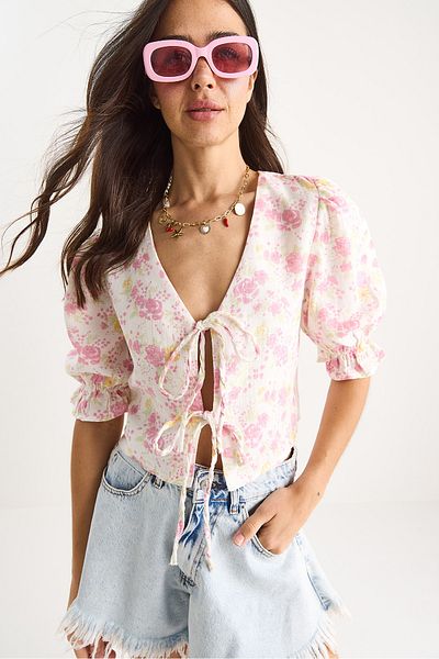 Bianco Lucci Bluză de damă cu model floral cu șireturi cu mâneci elastice din muselină 1029 60283405