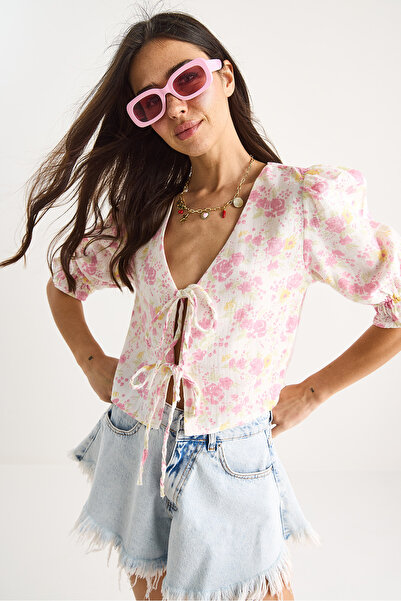 Bianco Lucci Bluză de damă cu model floral cu șireturi cu mâneci elastice din muselină 1029 60283405