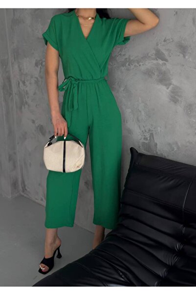 Bella Breeze Kadın Kruvaze Yaka Aerobin Kumaş Kuşaklı Kısa Kollu Şık Tulum