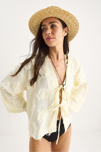 Bianco Lucci Women's Front Tie Self Embroidery Tassel Casual Kimono 7012-2 60283410