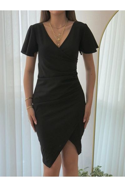 AKNButik Women's Short Sleeve Flounce Double Breasted Collar Gathered Sides Imported Crepe Dress