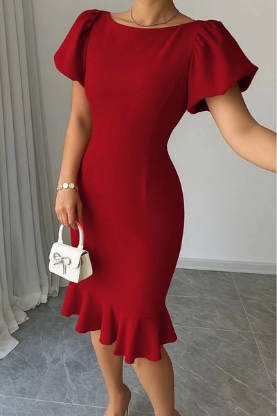 pazarella Women's Short Sleeve Round Neck Pleated Janjan Crepe Dress