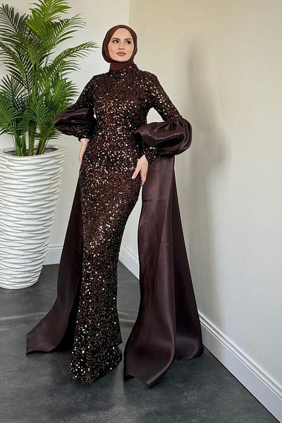 MERVEN AKYÜZ Βραδινό φόρεμα με μπαλόνι μανίκια Jamie Sleeves Mobile Cape καφέ