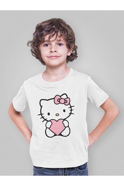 SEVBANO Tricou unisex pentru copii cu desene animate Hello Kity roz cu inimă (vârsta 1-12)