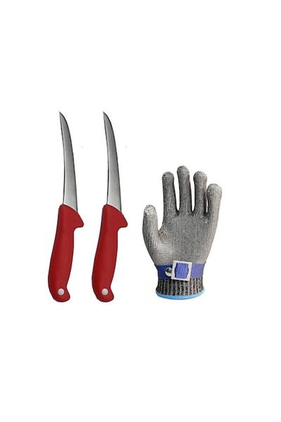 Globalport Retail Professional butcher set: 2 Red boning knives + anti-cut glove L, stainless steel mesh