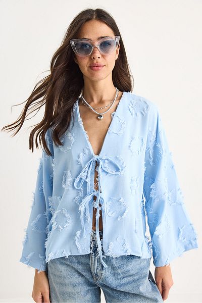Bianco Lucci Women's Front Tie Self Embroidery Tassel Casual Kimono 7012-2 60283410