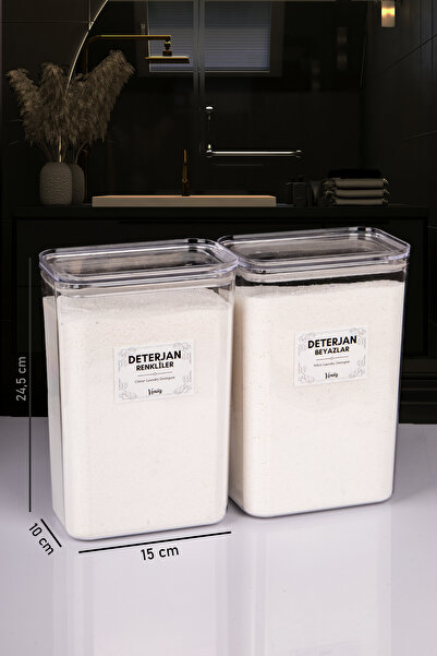 Genel Markalar 2 Adet Vakumlu Kapaklı Toz Deterjan Renkliler Beyazlar Etiketli Kutu Akrilik 3 Litre